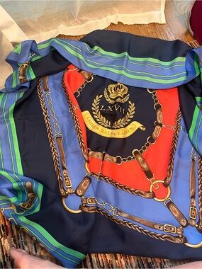 Ralph Lauren Navy, Red & Sky Blue Equestrian Chain Silk Scarf